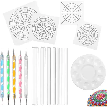 COASE-Mandala Art Dotting Tools 18 Set ce include 4 Sabloane Mandala, 8 Tije Acrilice, Vopsea Tava, 5 Verso Dotting Tools