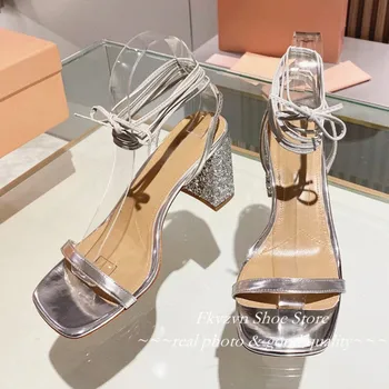 Dantela-Up Piele De Brevet De Sandale Cu O Curea Peep Toe Pantofi De Femeie Paiete Tocuri Indesata Sandalias Sexy Bling Cristale Zapatos Mujer