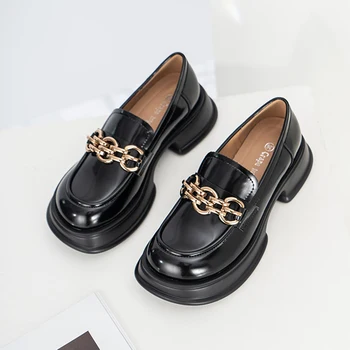 Moda Lanț De Metal Design Mocasini Femei Negru Indesata Toc Înalt Pantofi Casual Stil Britanic Platformă Unică De Pantofi Femei