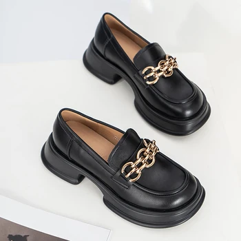 Moda Lanț De Metal Design Mocasini Femei Negru Indesata Toc Înalt Pantofi Casual Stil Britanic Platformă Unică De Pantofi Femei