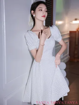 Drăguț Rochii de Mireasa Scurte, Delicate Pătrat Guler Decorat Cu Perle Simplu Vintage Mini Pentru Femei Petrecere Rochii de Mireasa SWD965