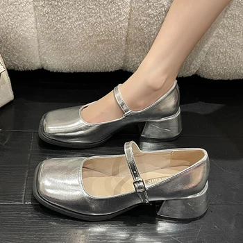 Argint Tocuri Groase Mary Jane Lolita Pantofi Pentru Femei Curea Cataramă Square Toe Pompe Doamnelor De Epocă Pantofi De Piele De Brevet Mujer Noi