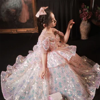 Floare Roz Fete Dress V-Gât Niveluri Paiete De Bal Rochie De Bal 1-12 Ani, Copiii Vechi Prima Comuniune Partid Vestidos Copii Roba