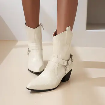 Model de piatra Triunghi Catarama Nit la Jumătatea Vițel Cizme în Formă de V Gura Ascutit Toc Gros PU Cizme pentru Femei din Microfibra Pantofi