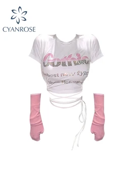 Moda coreeană Îmbrăcăminte pentru Femei T-Shirt y2k Trunchiate Top Vintage Harajuku Bandaj Scrisoarea Imprimate cu Maneci Scurte Tee Top Pentru Femei